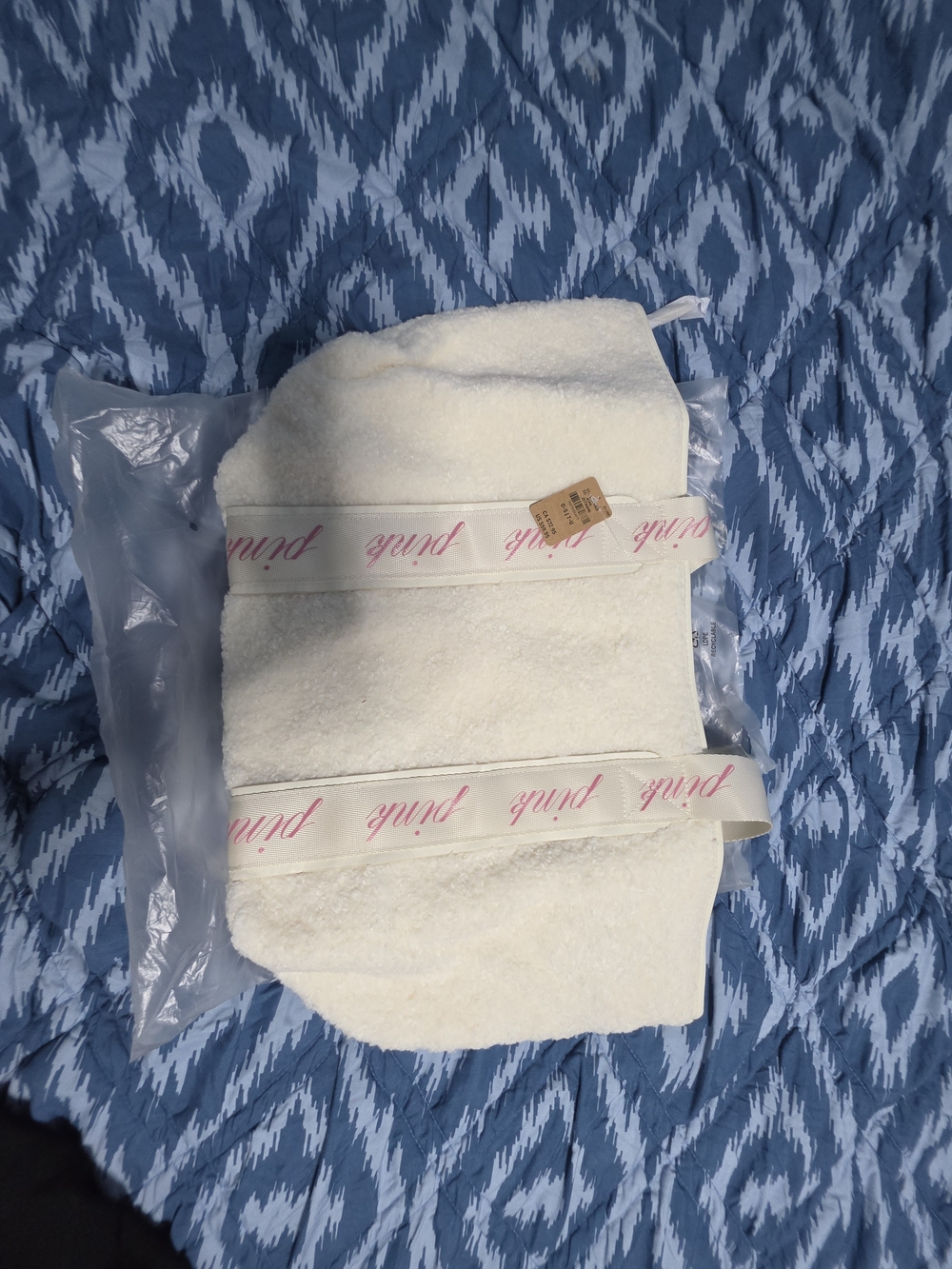 Victoria's Secret Cream Plush Tote with Pink Script Straps